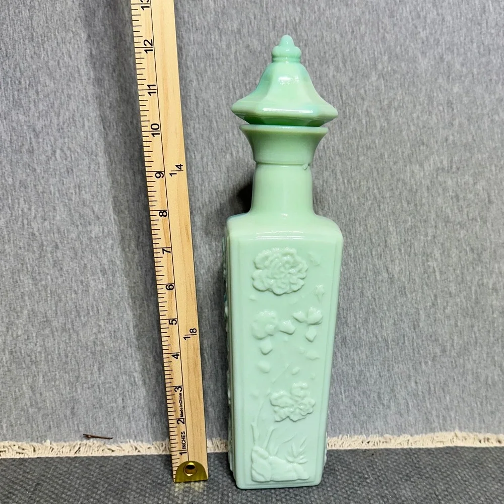 Vintage Slag Glass Decanter Mint Green Blue Marbled Floral Bottle with Stopper